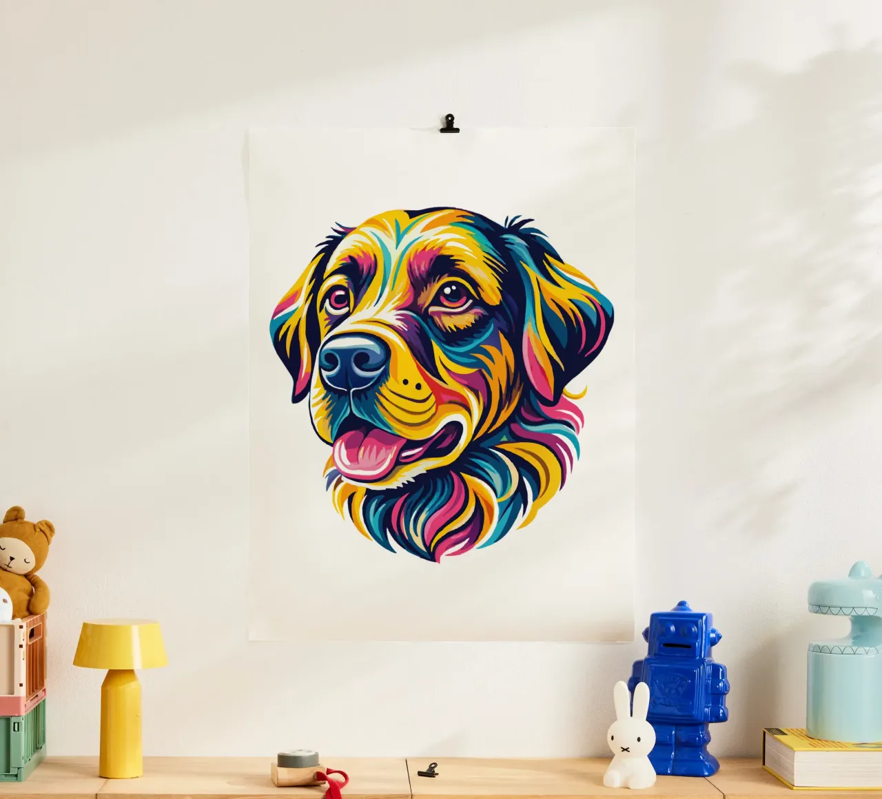 Illustrazione di ritratto di cane vivace - Animale domestico colorato e giocoso poster con telaio in legno da Artnesia