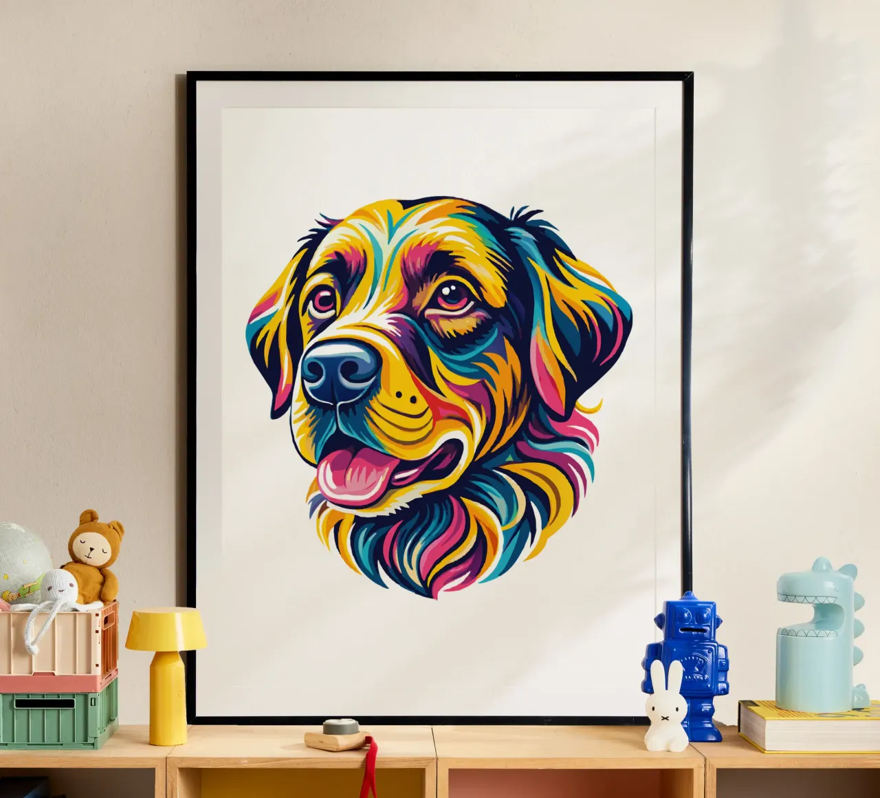 Illustrazione di ritratto di cane vivace - Animale domestico colorato e giocoso poster con telaio in legno da Artnesia