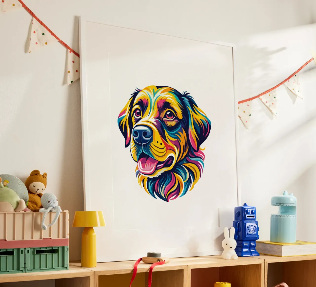 Illustrazione di ritratto di cane vivace - Animale domestico colorato e giocoso poster con telaio in legno da Artnesia