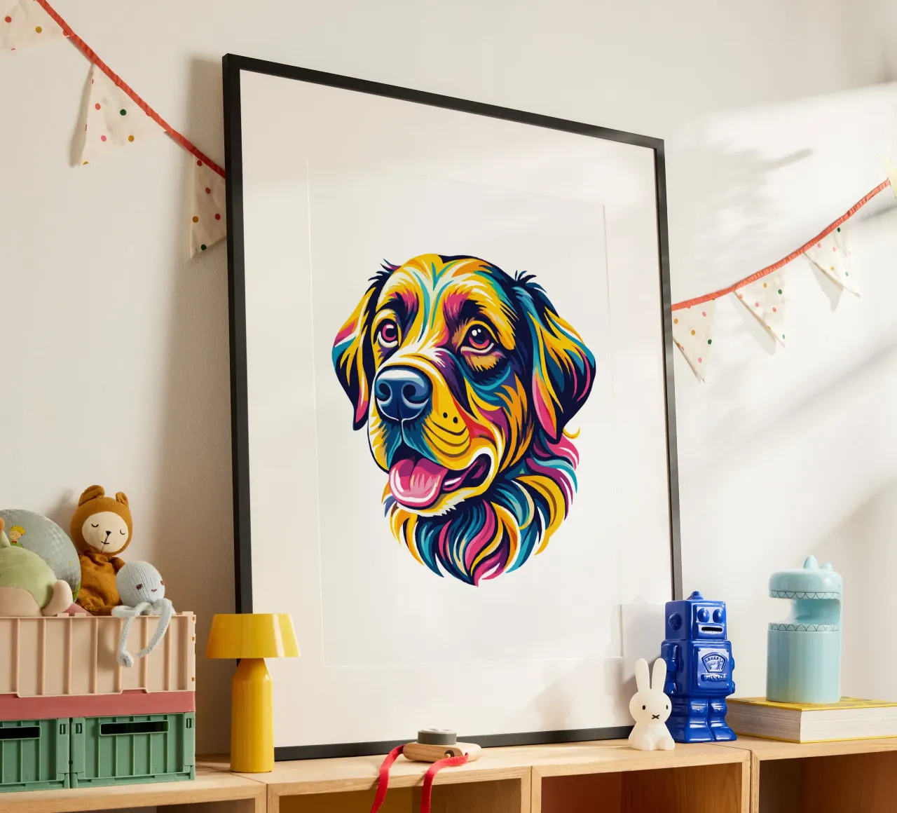 Illustrazione di ritratto di cane vivace - Animale domestico colorato e giocoso poster con telaio in legno da Artnesia