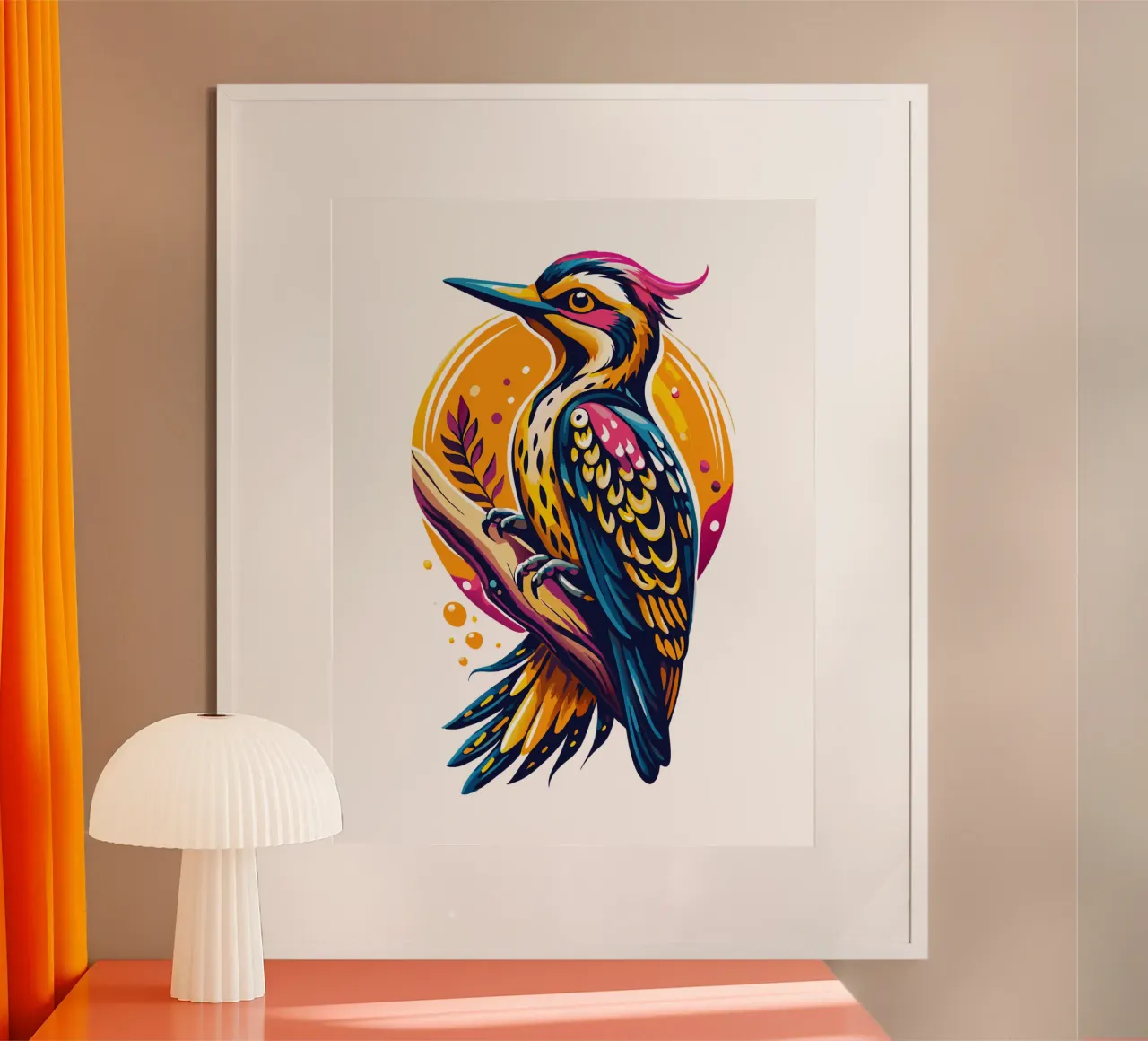 Illustrazione di picchio colorato - Arte degli uccelli ispirata poster con telaio in legno da Artnesia