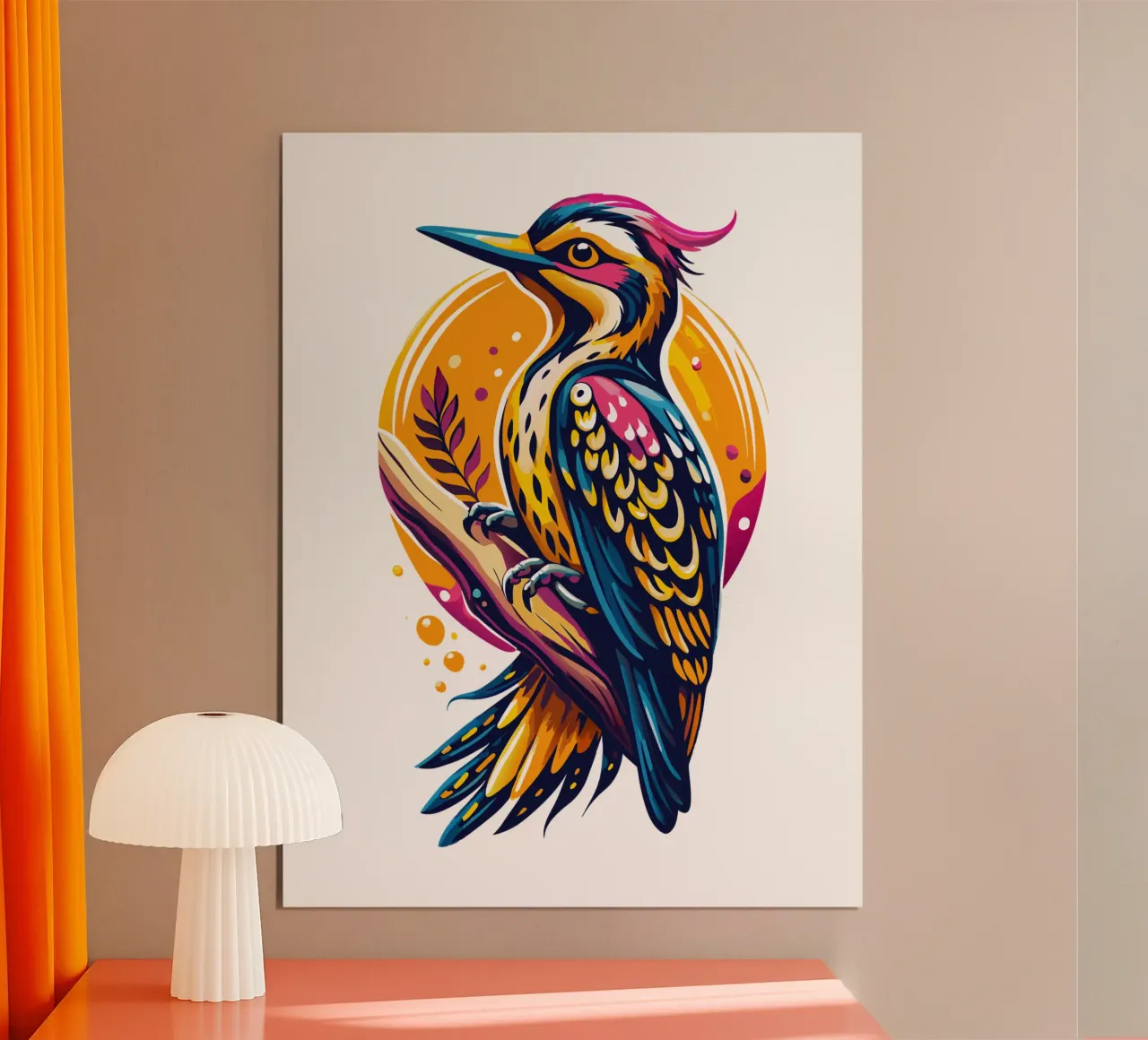 Illustrazione di picchio colorato - Arte degli uccelli ispirata poster con telaio in legno da Artnesia
