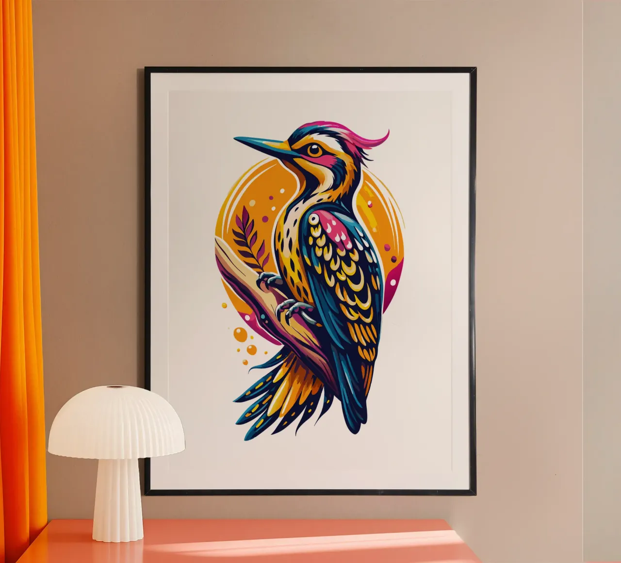 Illustrazione di picchio colorato - Arte degli uccelli ispirata poster con telaio in legno da Artnesia