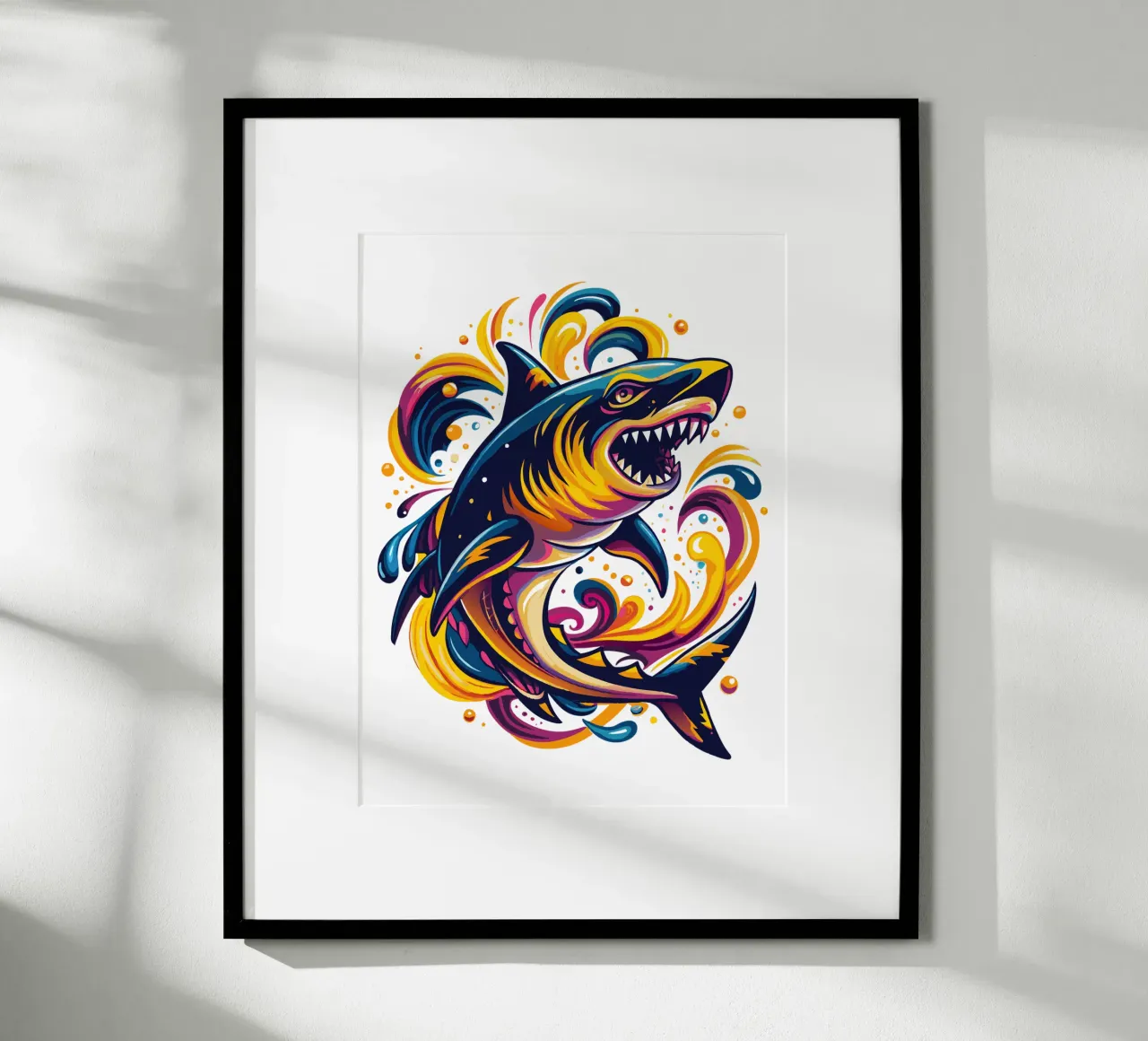Fierce Shark Illustration - Dynamic Ocean Predator Art poster with plastic frame by Artnesia