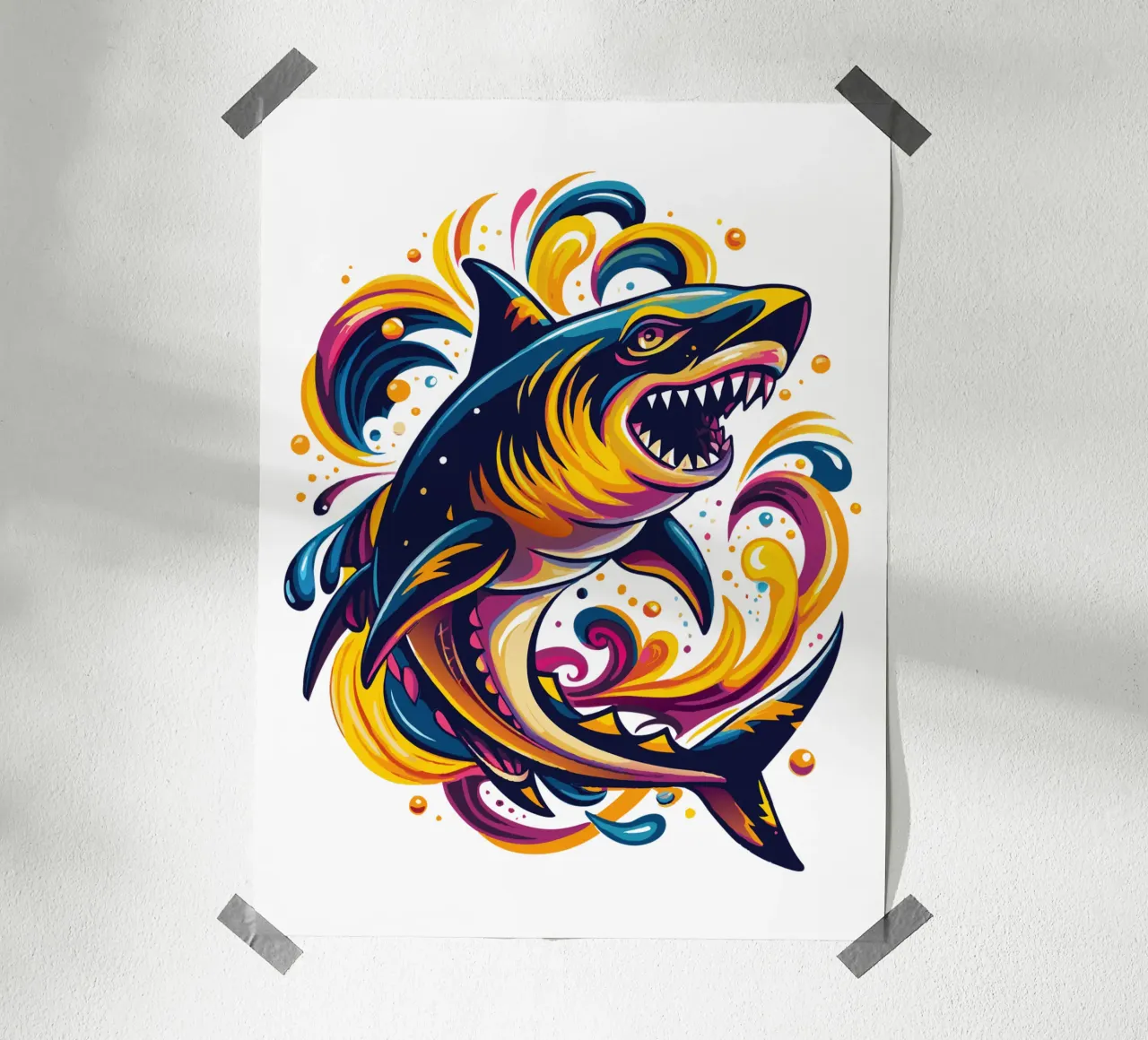 Fierce Shark Illustration - Dynamic Ocean Predator Art poster with plastic frame by Artnesia