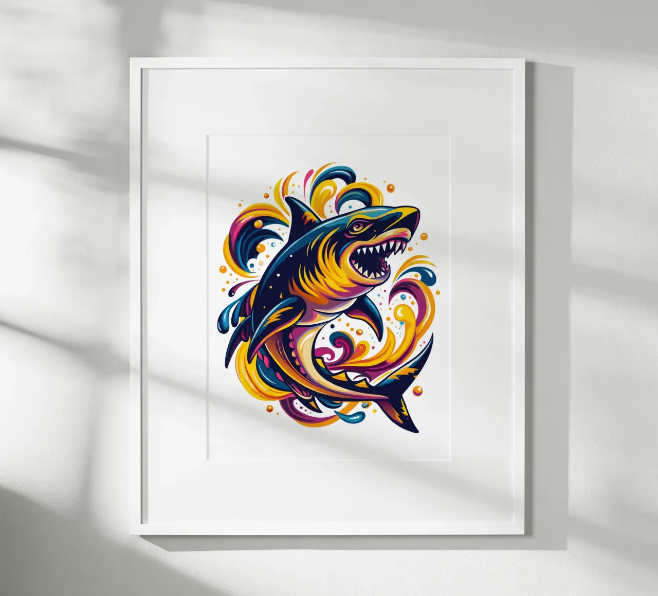 Fierce Shark Illustration - Dynamic Ocean Predator Art poster with plastic frame by Artnesia
