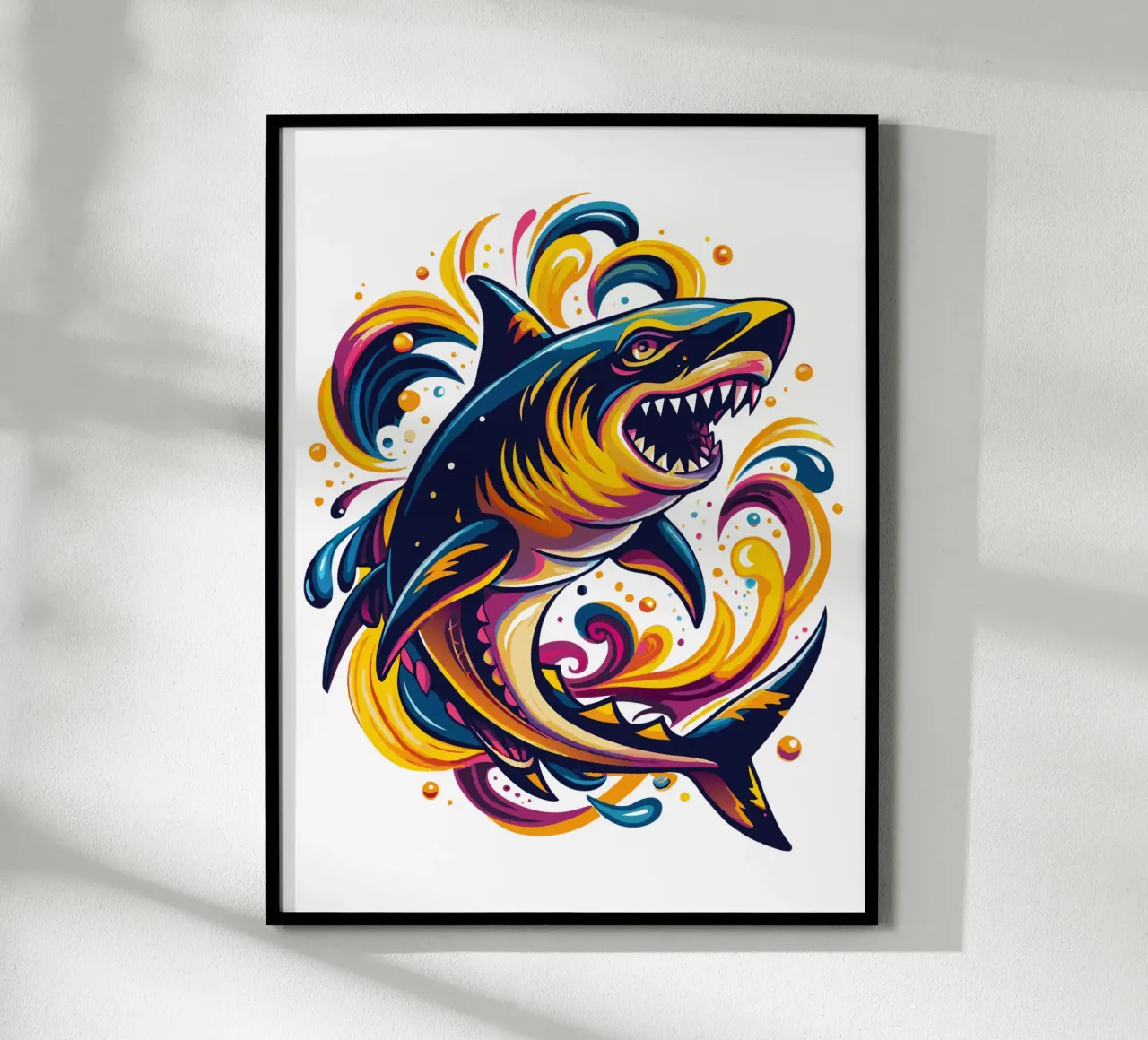 Fierce Shark Illustration - Dynamic Ocean Predator Art poster with plastic frame by Artnesia