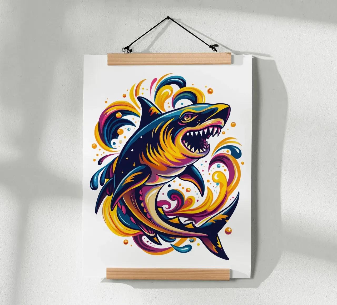 Fierce Shark Illustration - Dynamic Ocean Predator Art poster with plastic frame by Artnesia