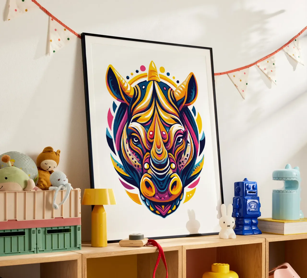Vibrant Rhino Art - Illustrazione di animali selvatici audaci e colorati poster con telaio in legno da Artnesia