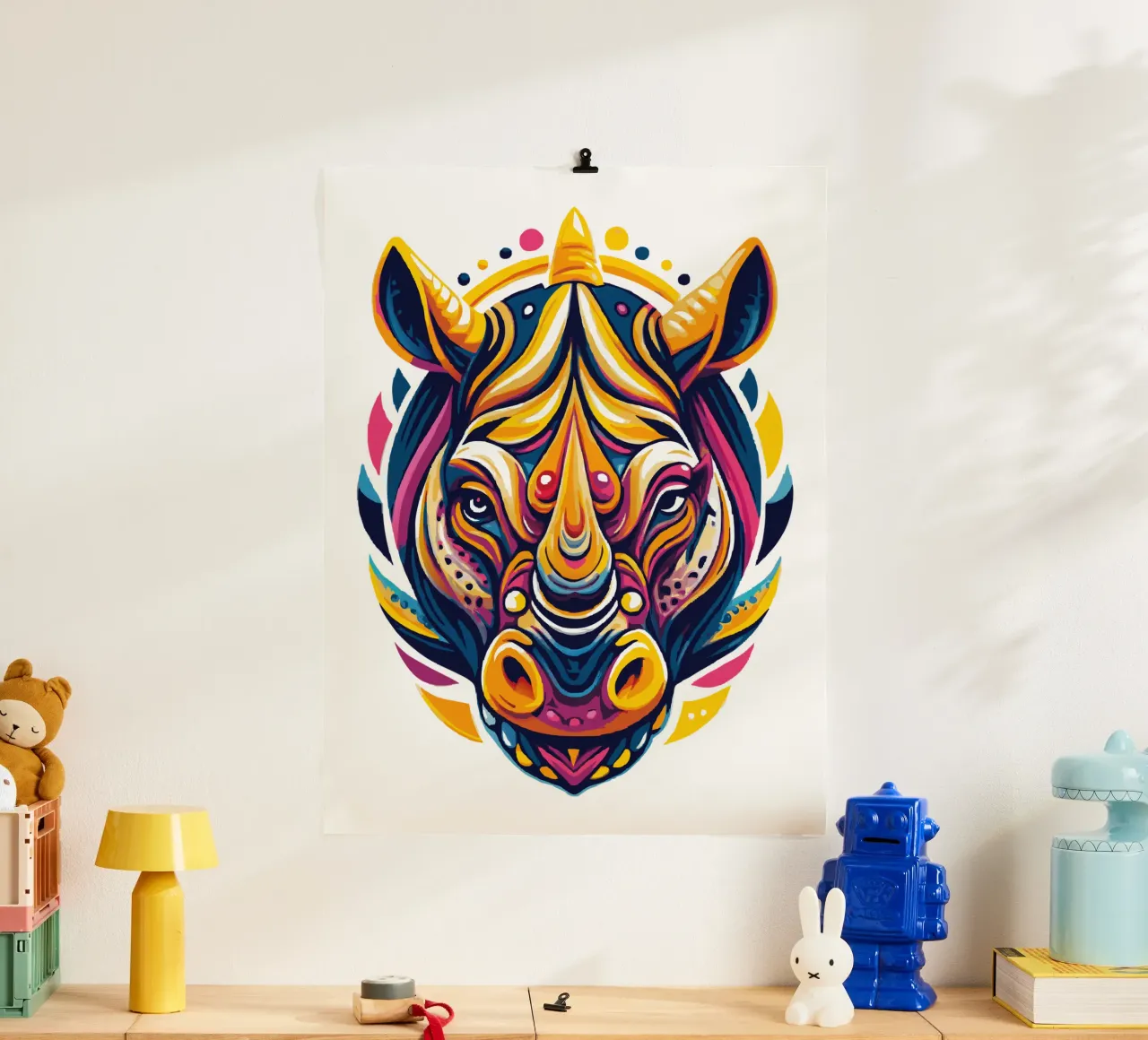 Vibrant Rhino Art - Illustrazione di animali selvatici audaci e colorati poster con telaio in legno da Artnesia