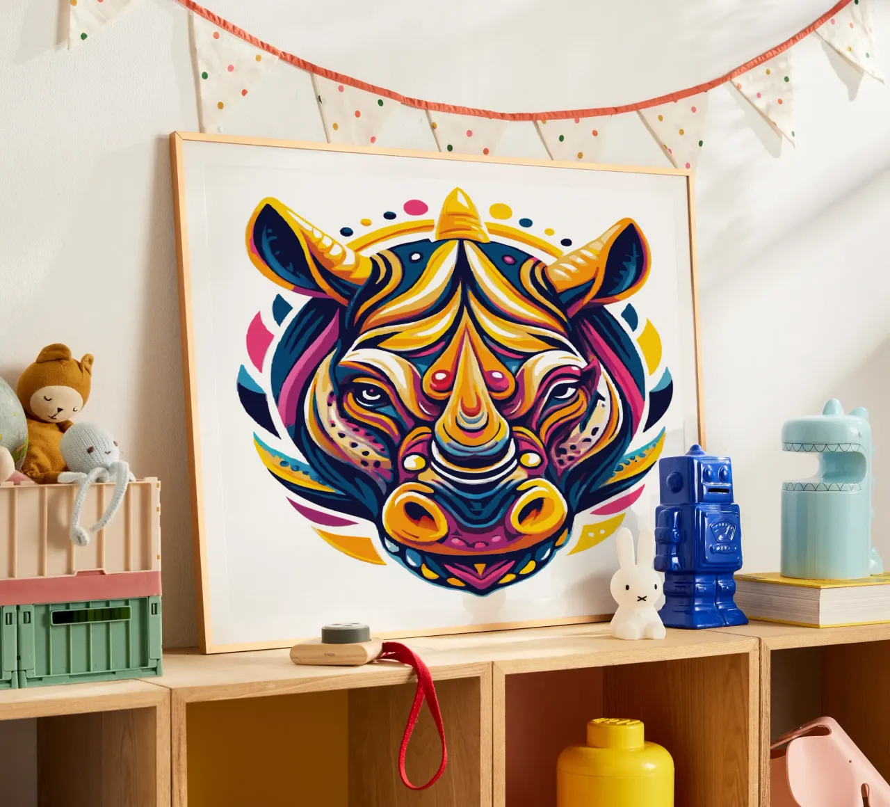 Vibrant Rhino Art - Illustrazione di animali selvatici audaci e colorati poster con telaio in legno da Artnesia