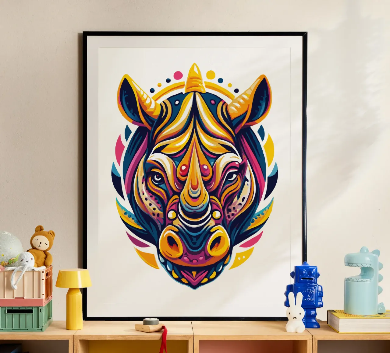 Vibrant Rhino Art - Illustrazione di animali selvatici audaci e colorati poster con telaio in legno da Artnesia