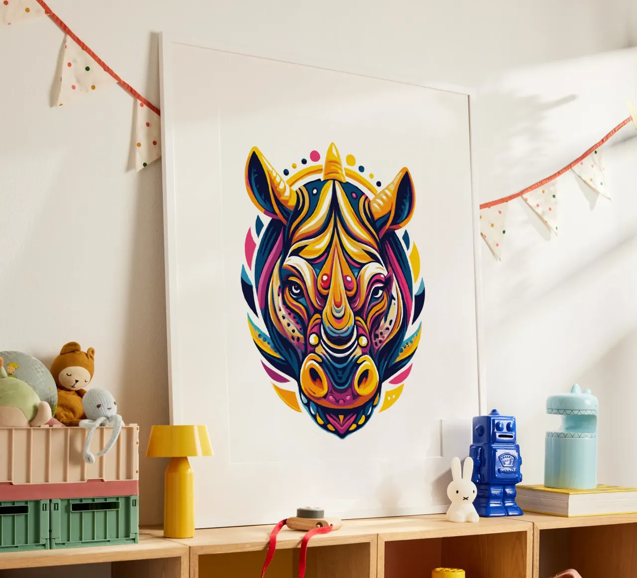 Vibrant Rhino Art - Illustrazione di animali selvatici audaci e colorati poster con telaio in legno da Artnesia
