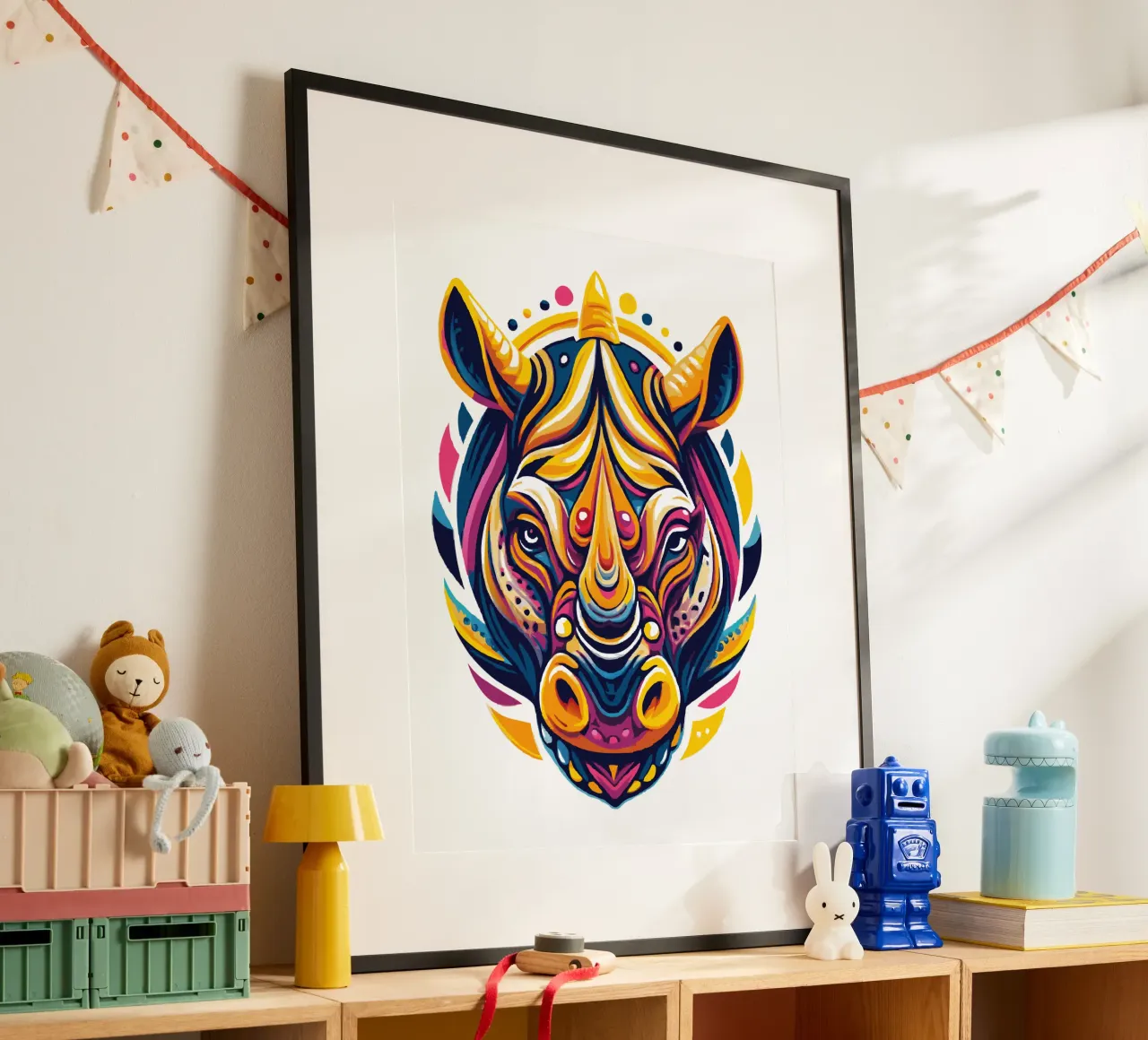 Vibrant Rhino Art - Illustrazione di animali selvatici audaci e colorati poster con telaio in legno da Artnesia