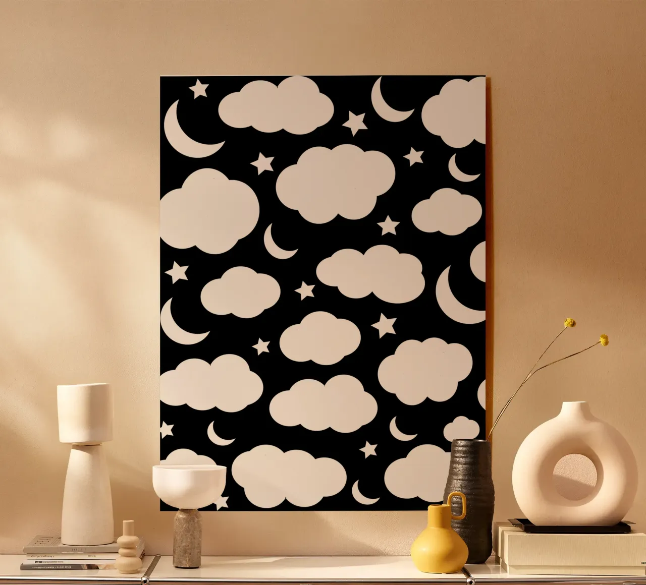 Puffy clouds night sky with moon plexiglass da baobabprintstore