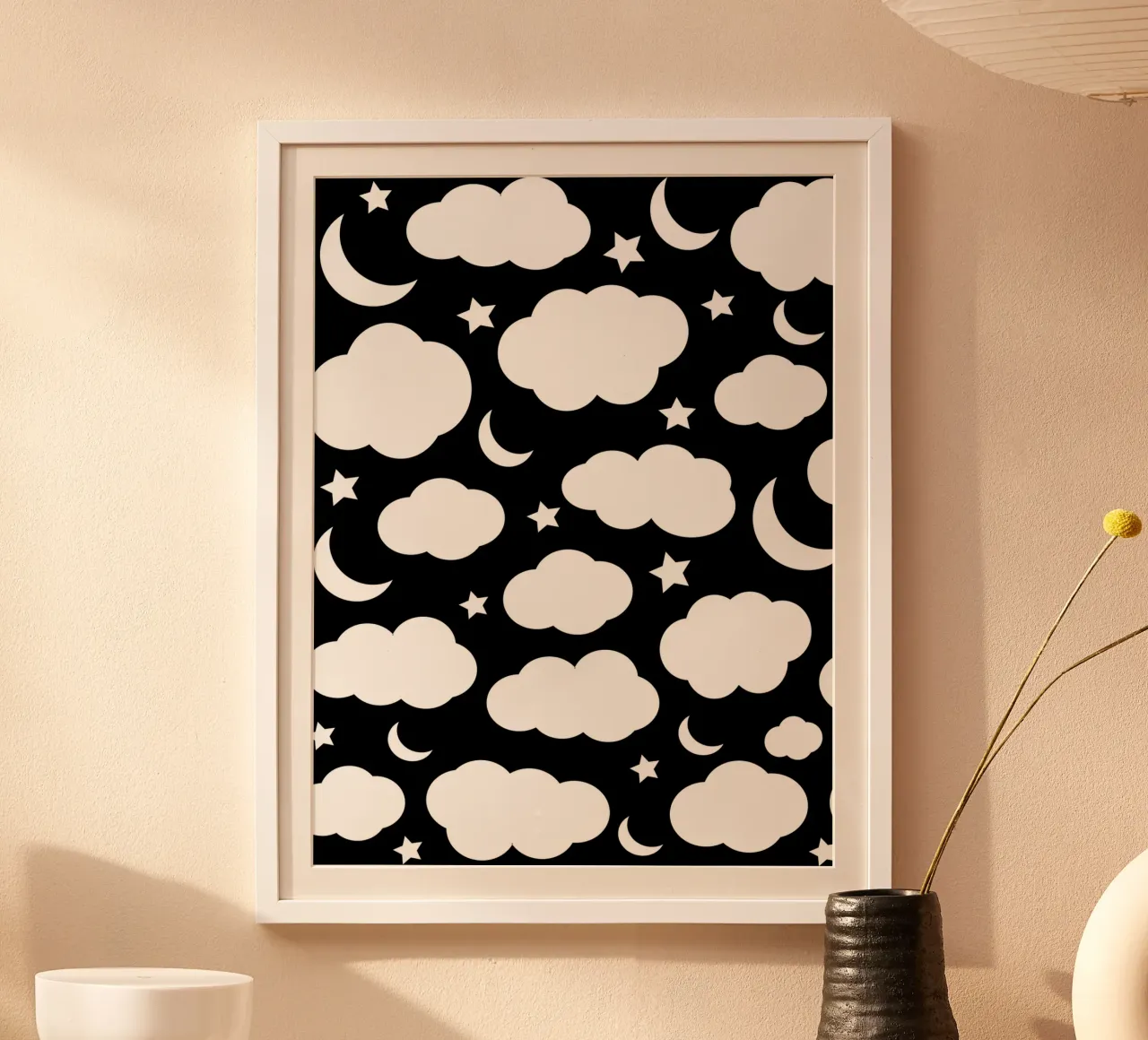 Puffy clouds night sky with moon poster da baobabprintstore