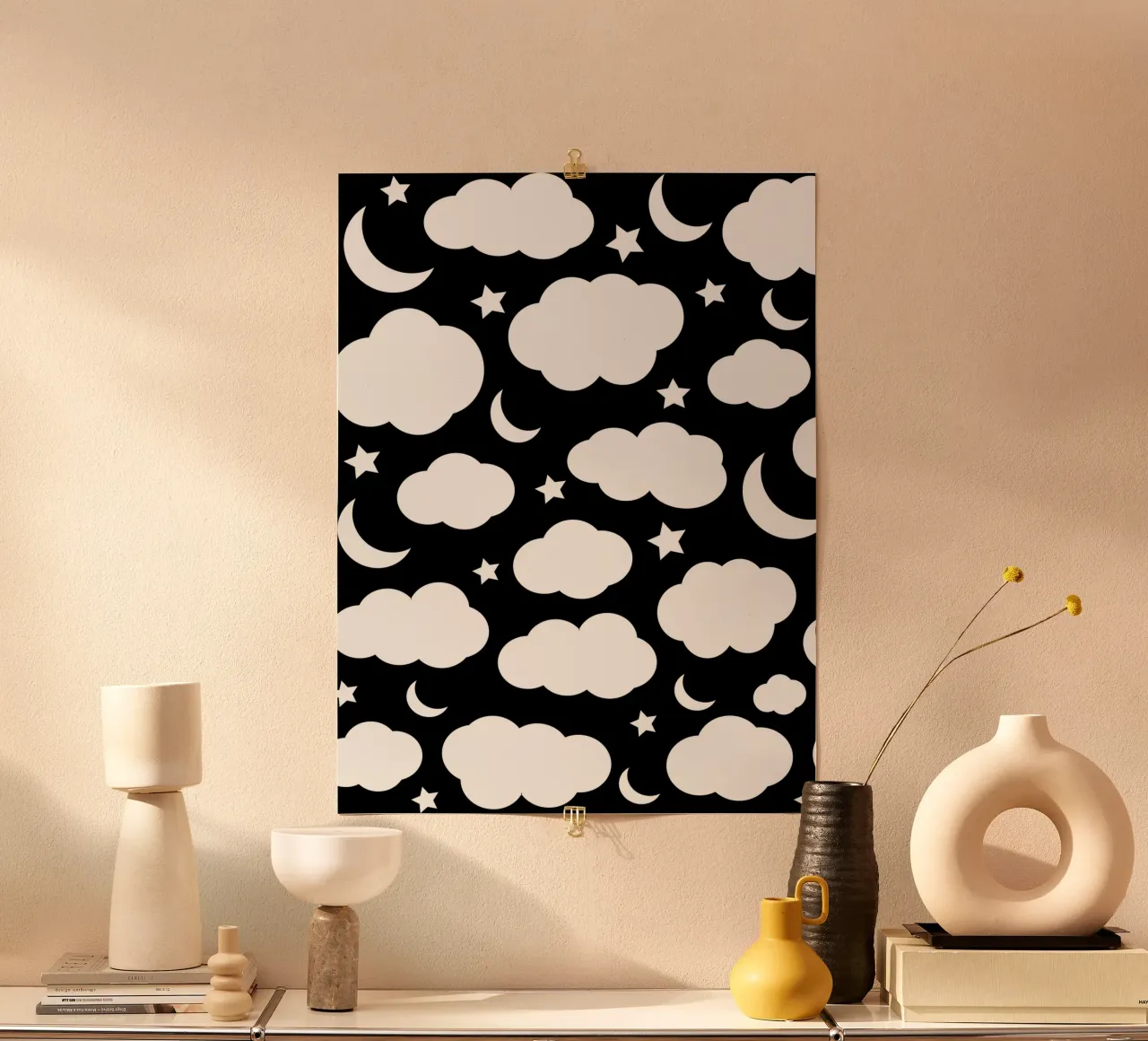 Puffy clouds night sky with moon poster da baobabprintstore