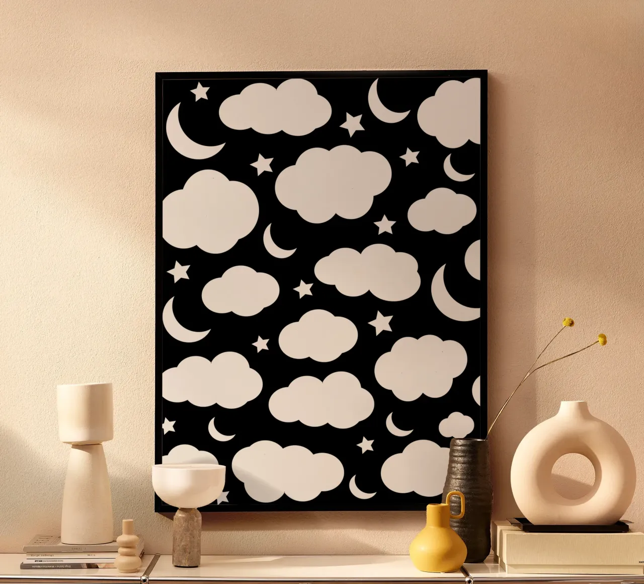 Puffy clouds night sky with moon poster da baobabprintstore