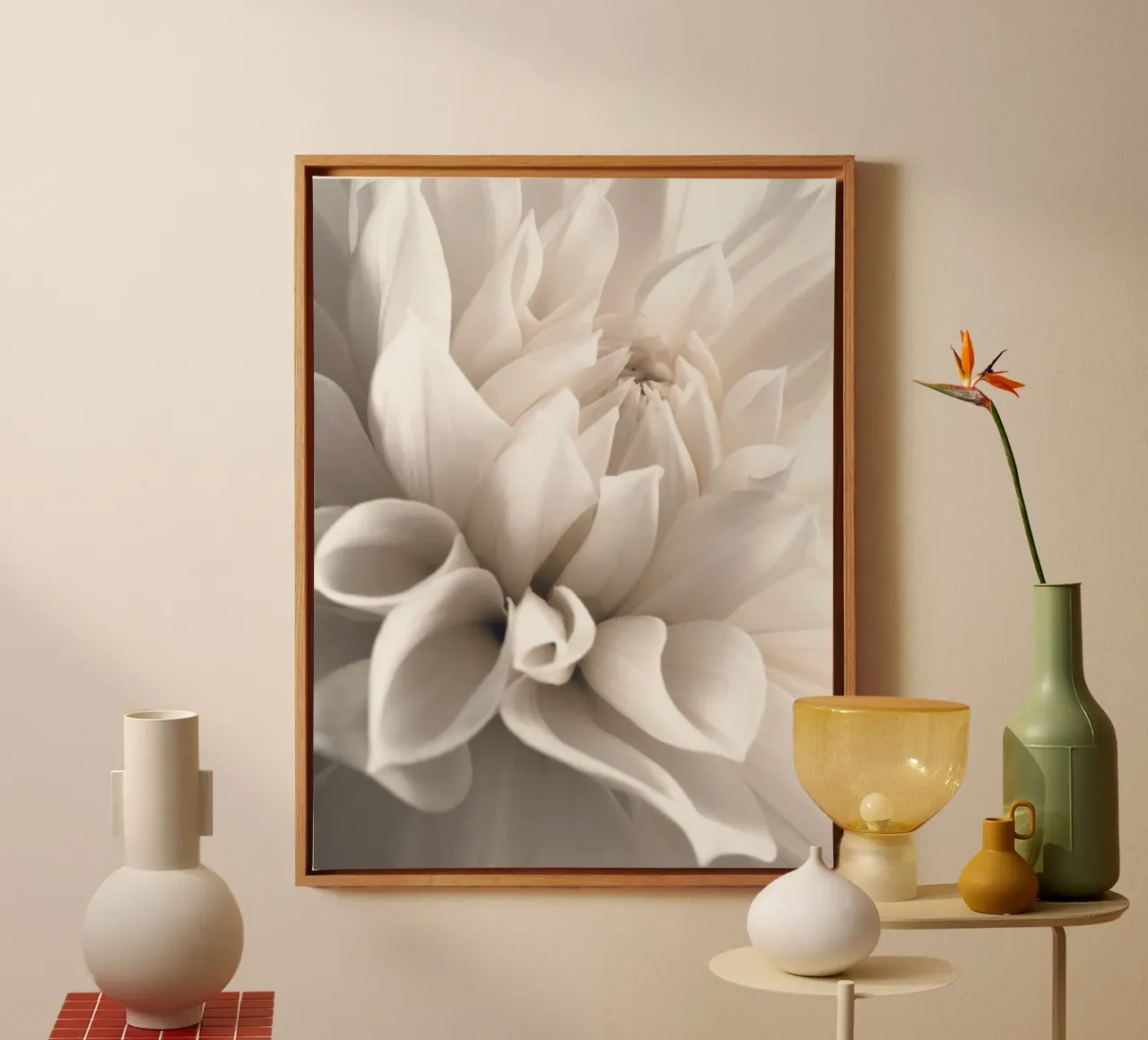 Delicate blossom - close-up in soft cream colours canvas with Floater frame by Whole©