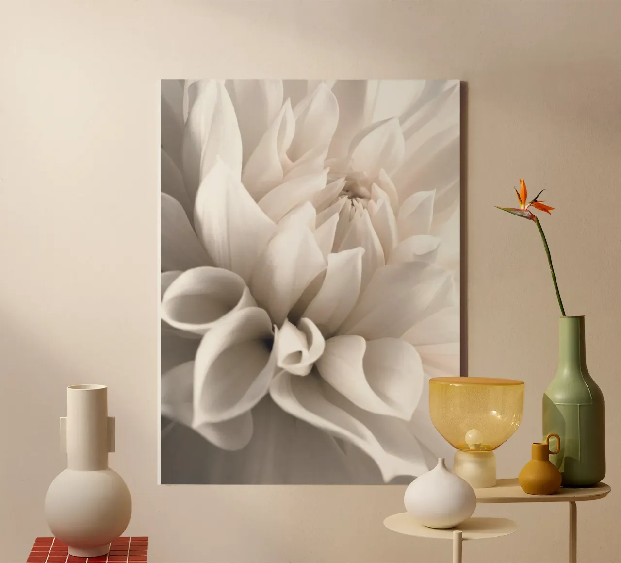 Delicate blossom - close-up in soft cream colours canvas with Floater frame by Whole©