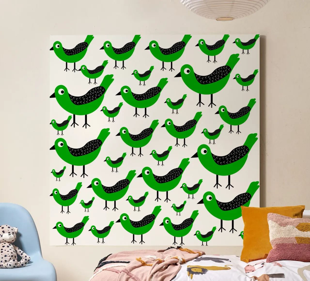 Green birds pattern tela con Cornice a cassetta da baobabprintstore