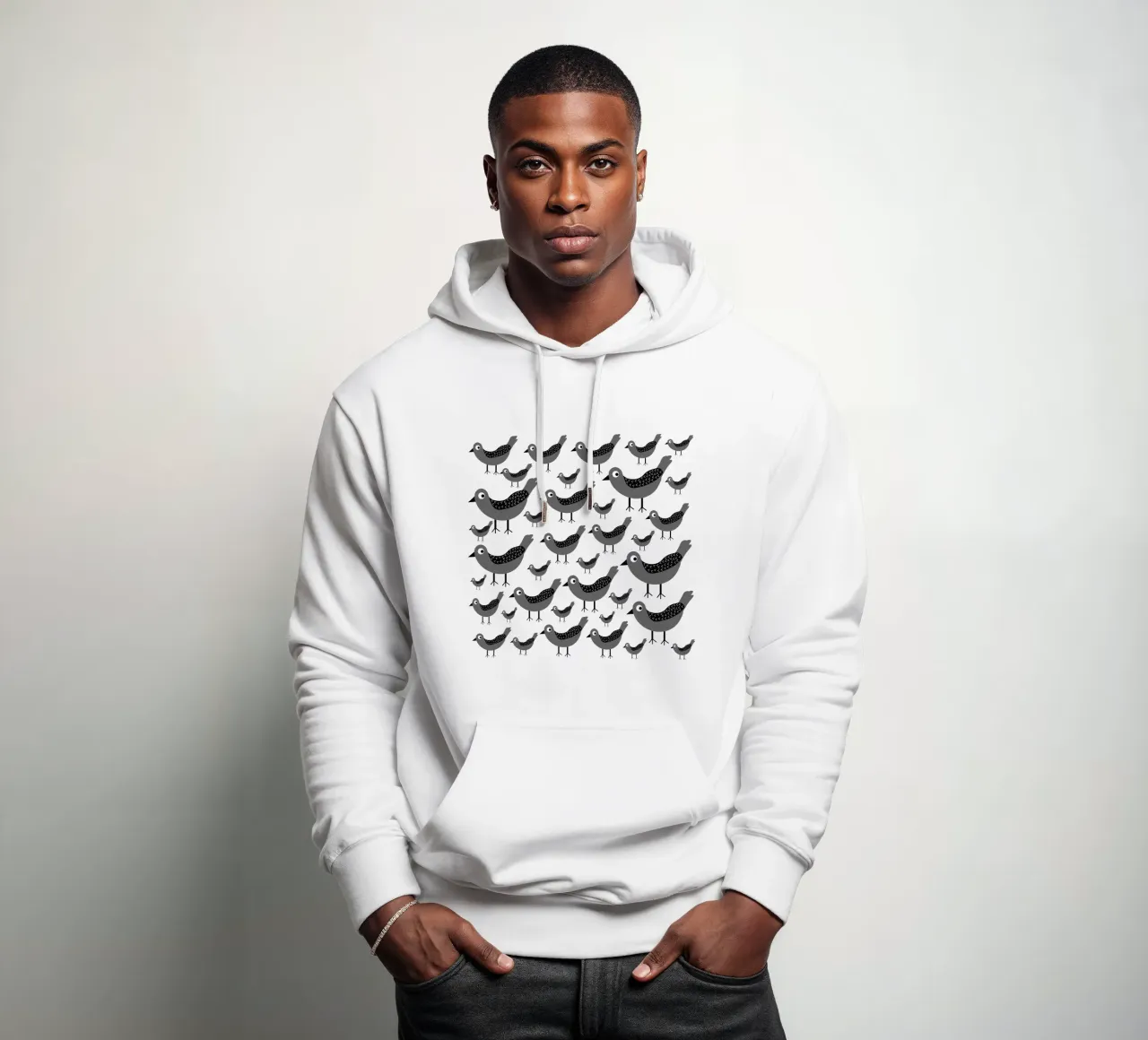 Grey birds pattern felpa con cappuccio da baobabprintstore