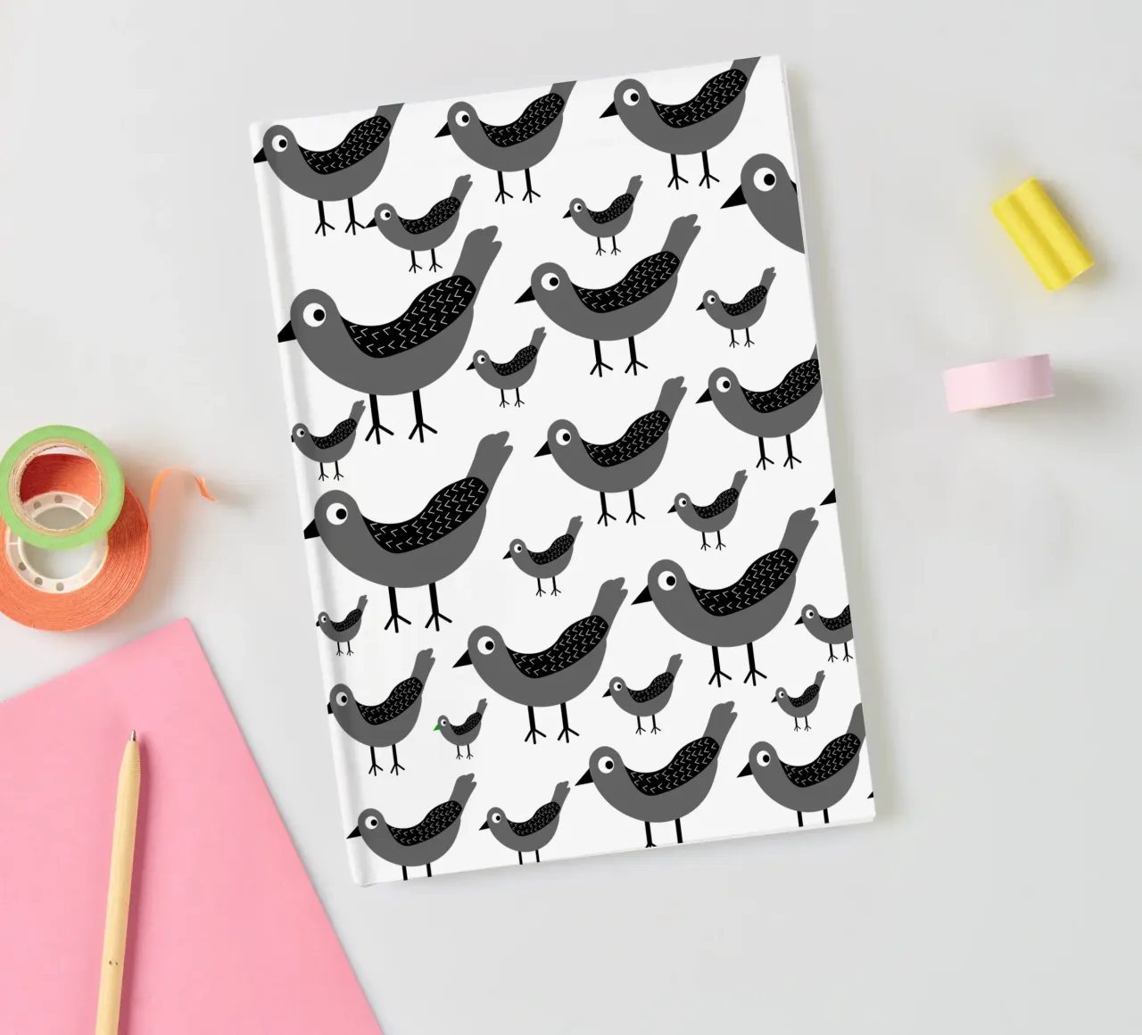 Grey birds pattern notebook by baobabprintstore