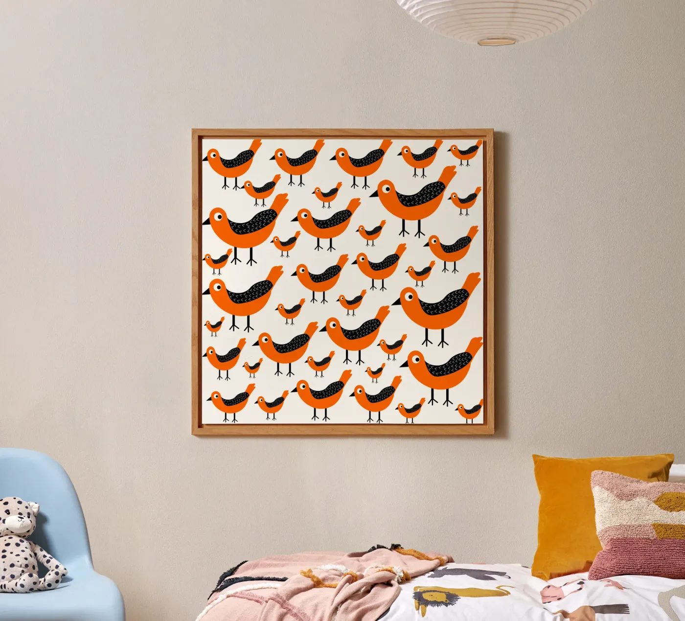 Orange birds pattern alluminio dibond da baobabprintstore
