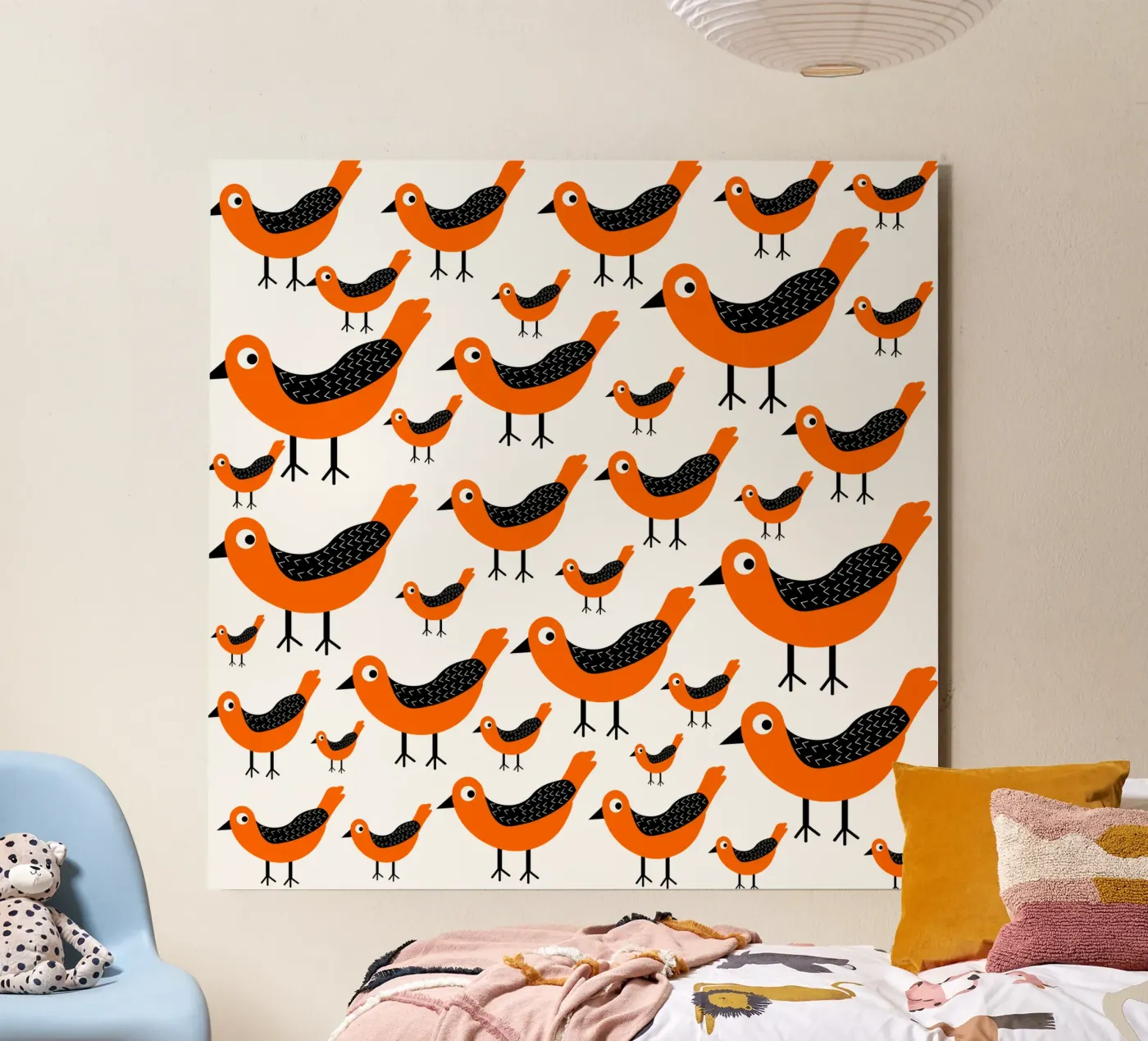 Orange birds pattern alluminio dibond da baobabprintstore