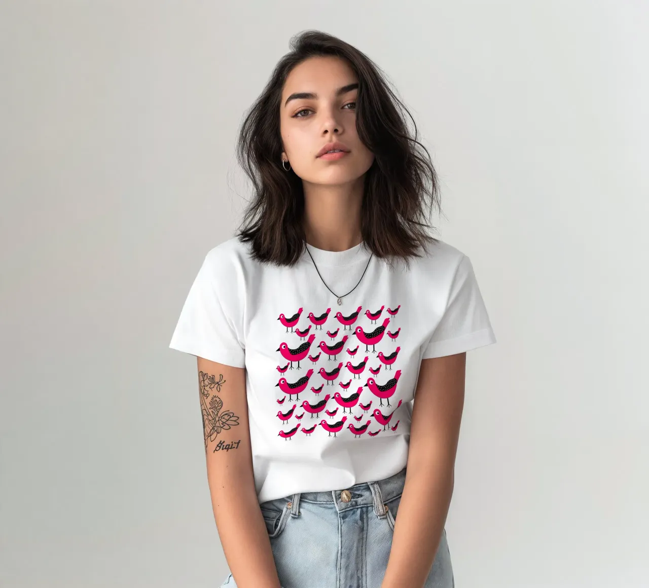 Pink birds pattern t-shirt da baobabprintstore