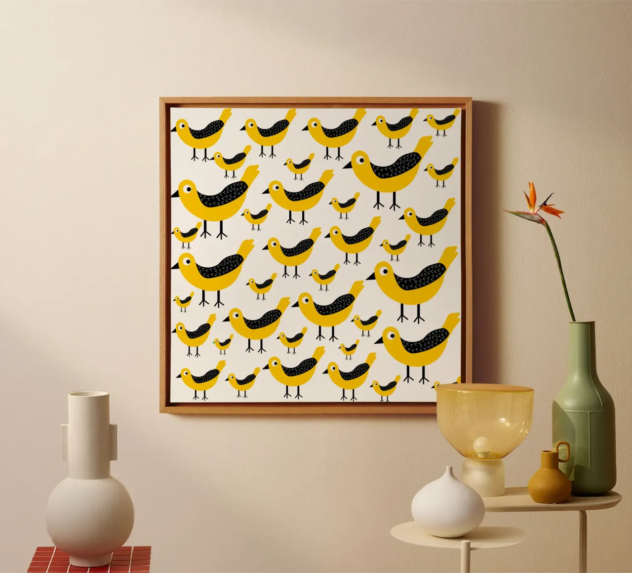 Yellow birds pattern tela con Cornice a cassetta da baobabprintstore