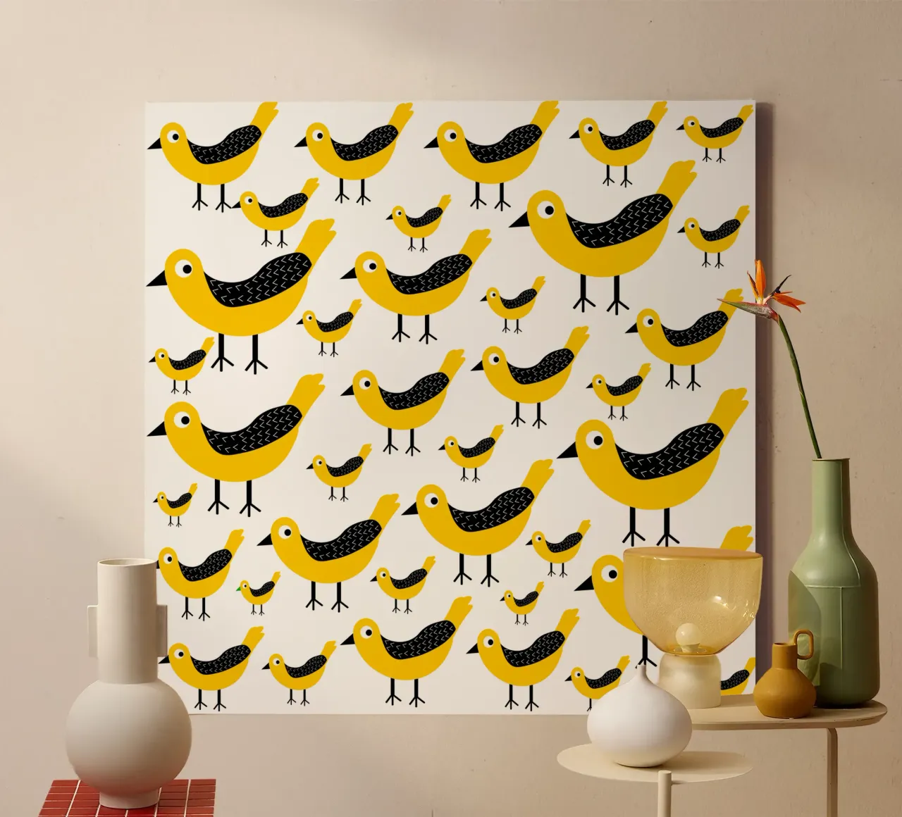 Yellow birds pattern tela con Cornice a cassetta da baobabprintstore