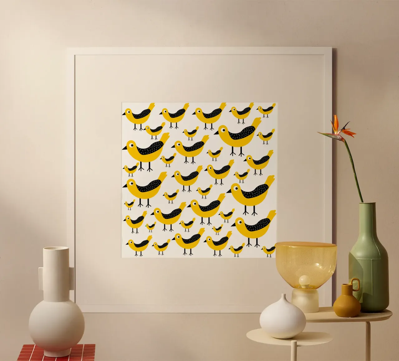 Yellow birds pattern poster da baobabprintstore