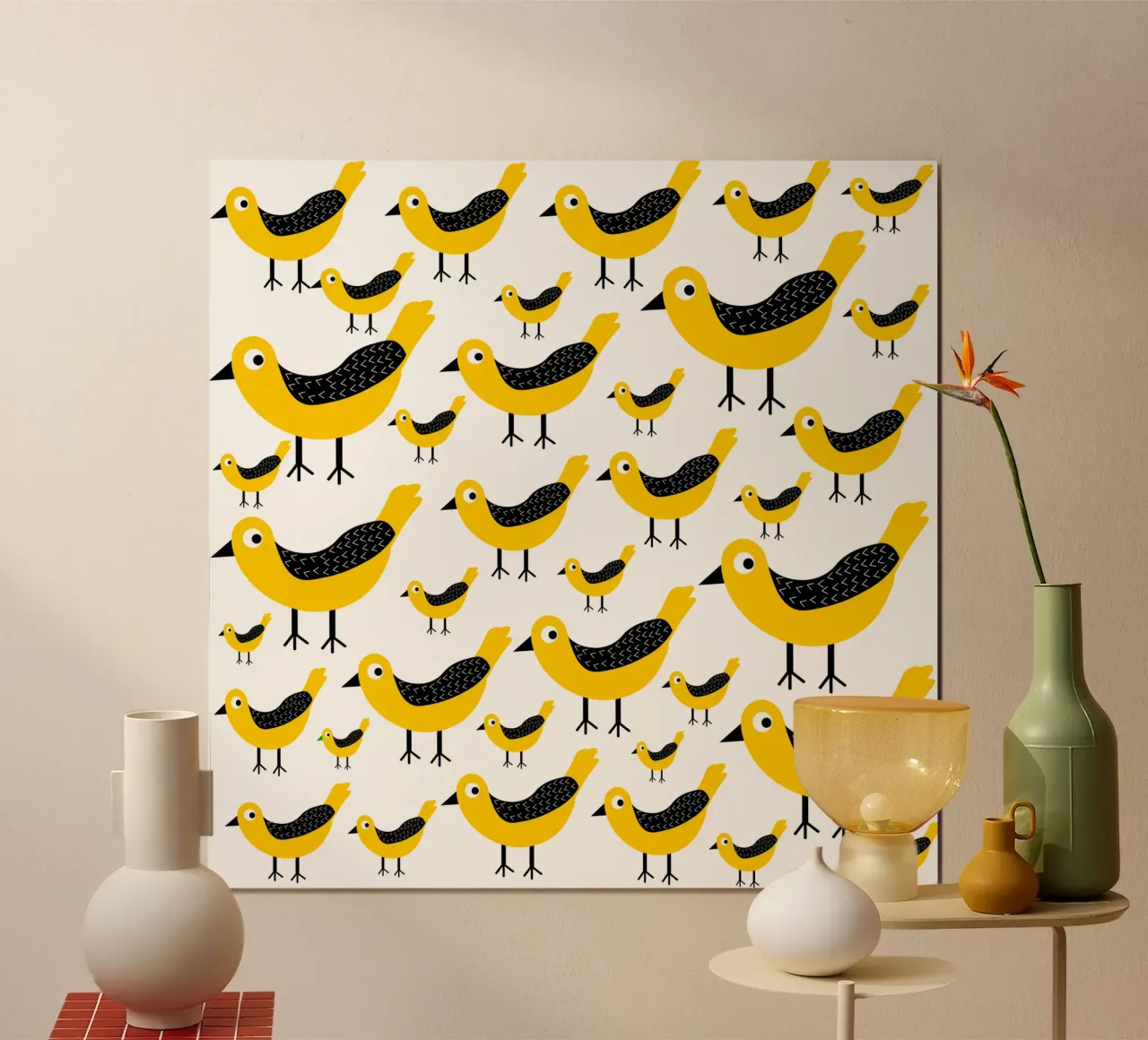 Yellow birds pattern poster da baobabprintstore