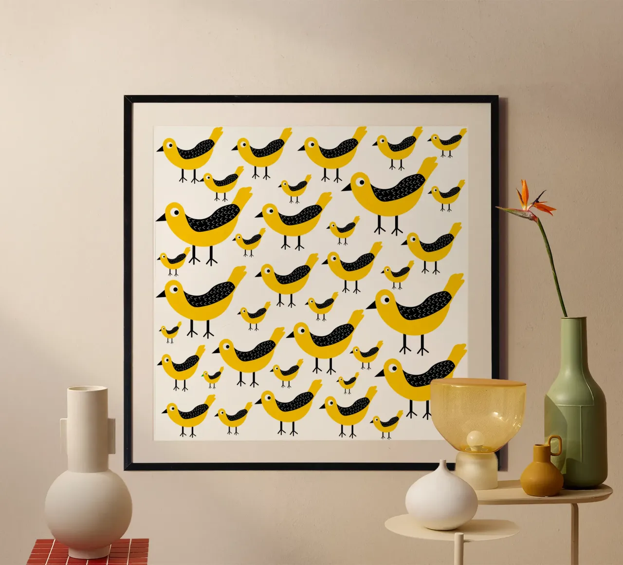Yellow birds pattern poster da baobabprintstore