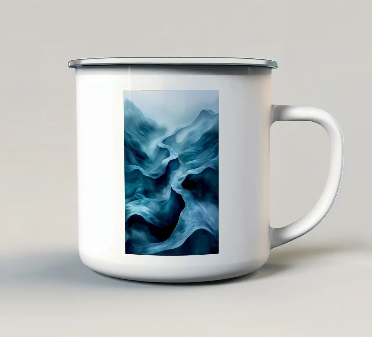 Blauw landschap abstractie emaille mok van Justyna Jaszke JBJart