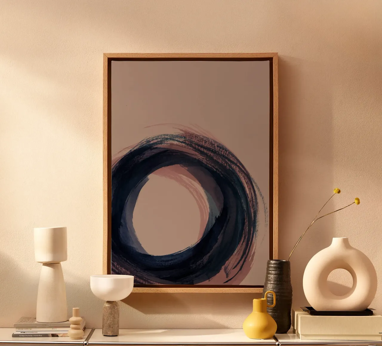 Strokes 5C | Enso Circle Abstract | Dark Blue Indigo & Rose tela con Cornice a cassetta da sabidussi