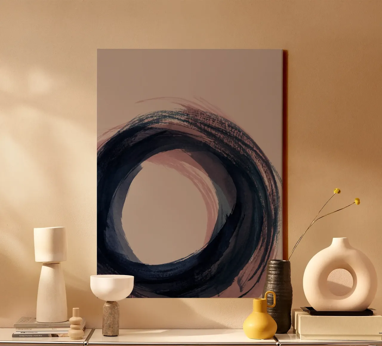Strokes 5C | Enso Circle Abstract | Dark Blue Indigo & Rose tela da sabidussi