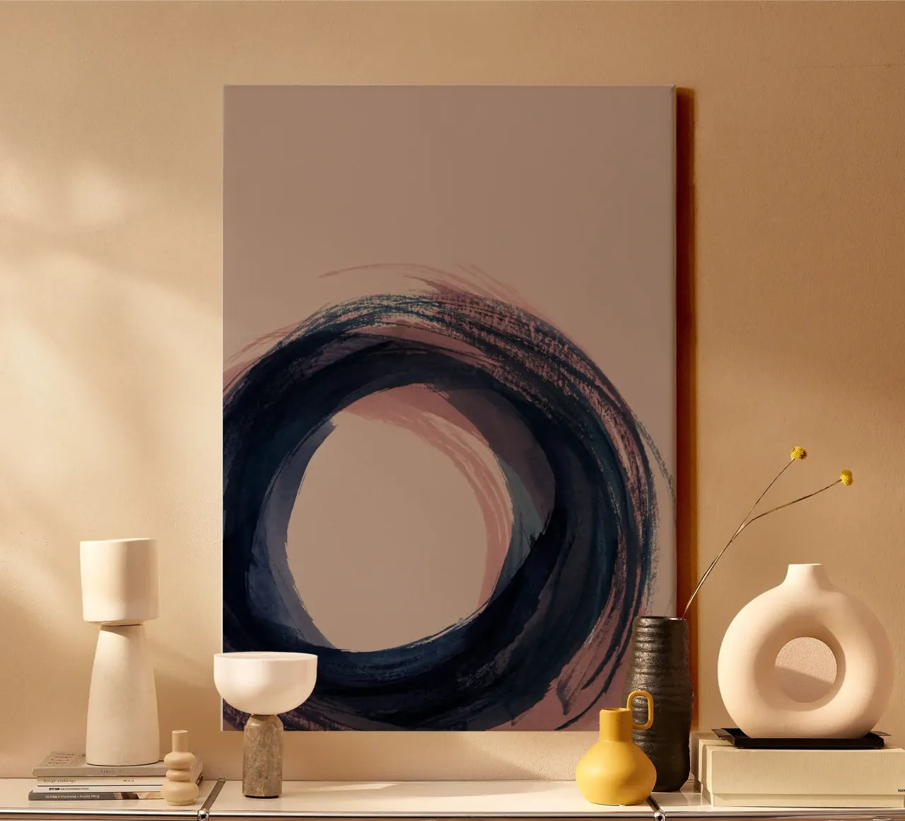 Strokes 5C | Enso Circle Abstract | Dark Blue Indigo & Rose tela con Cornice a cassetta da sabidussi