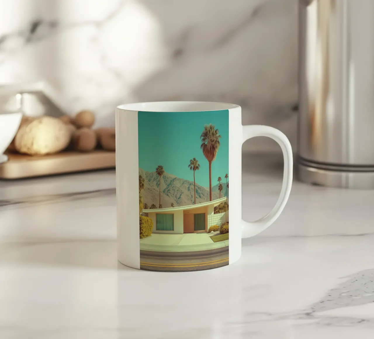 Palm Springs Retro Bungalow ceramic mug by Carinaprint