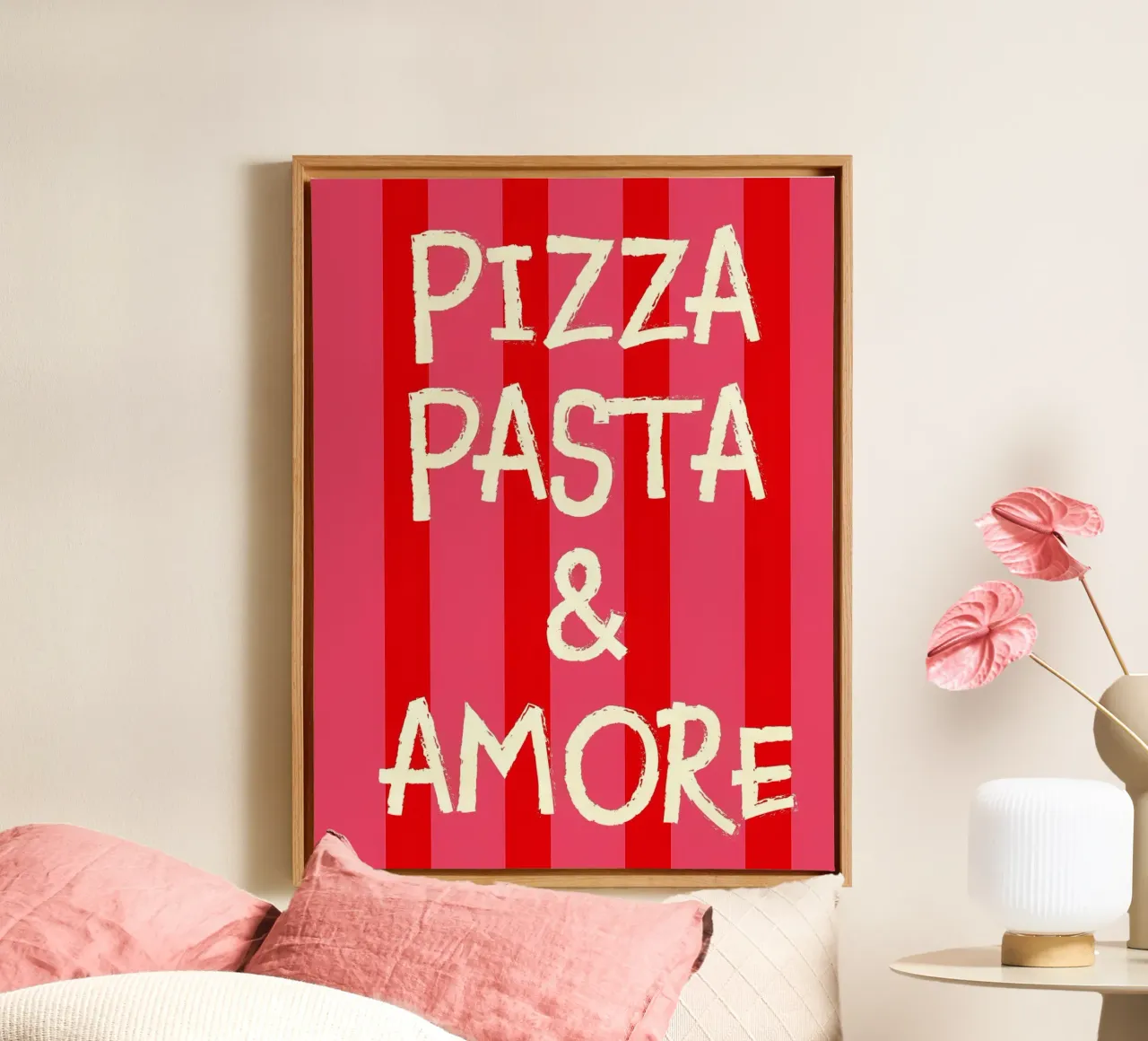 Pizza, Pasta und Amore Leinwand mit Schattenfugenrahmen von Ana Paniagua Design