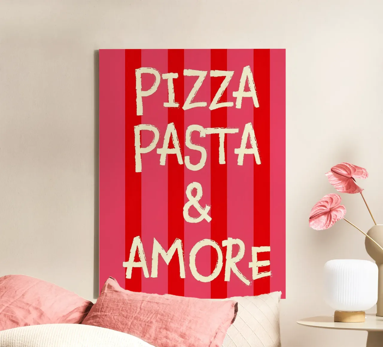 Pizza, Pasta und Amore Leinwand mit Schattenfugenrahmen von Ana Paniagua Design