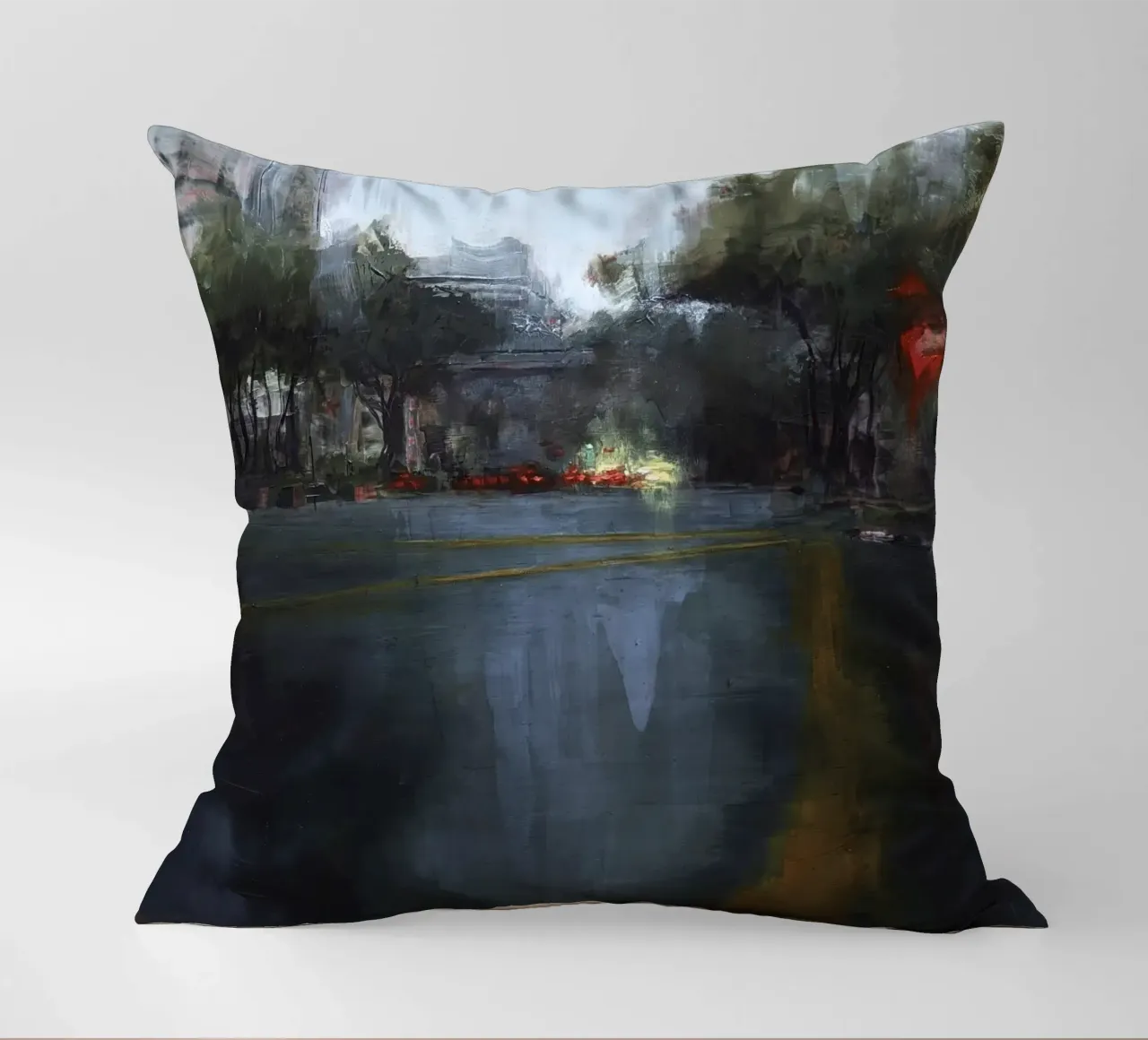 "Rain in KL 04" Abstract city view in the rain decorative cushion by Eduard Warkentin Art