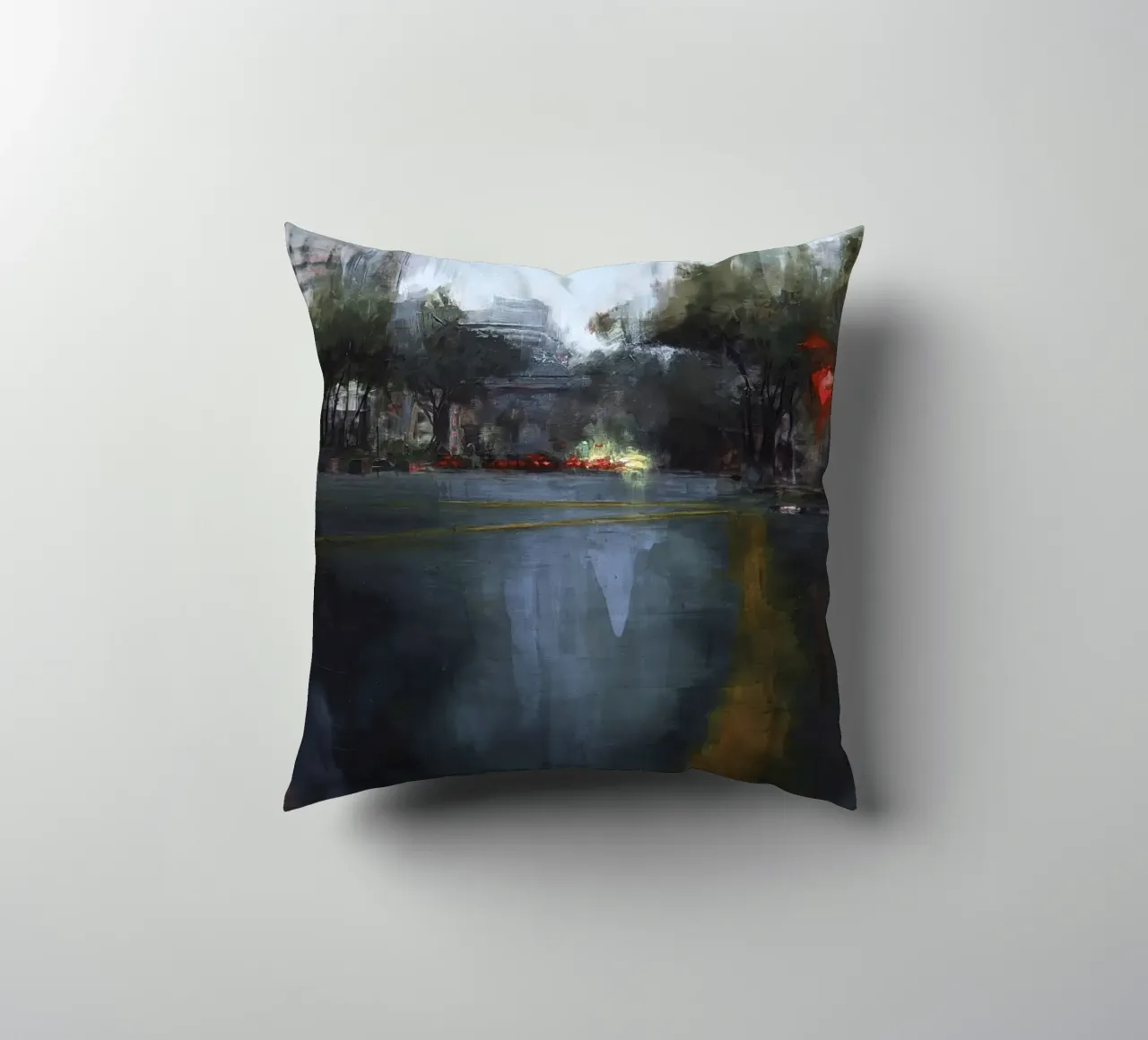 "Rain in KL 04" Abstract city view in the rain decorative cushion by Eduard Warkentin Art