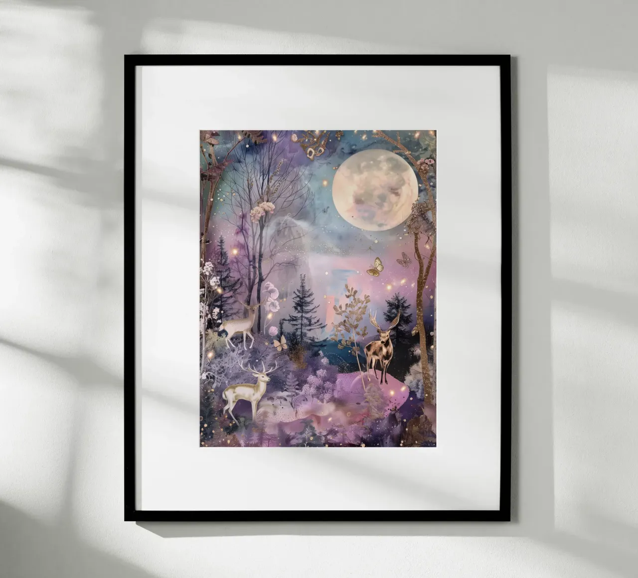 Luna piena Foresta Carino Cervi Capriccioso Natale Inverno poster con telaio in alluminio da Gentle Echoes Art