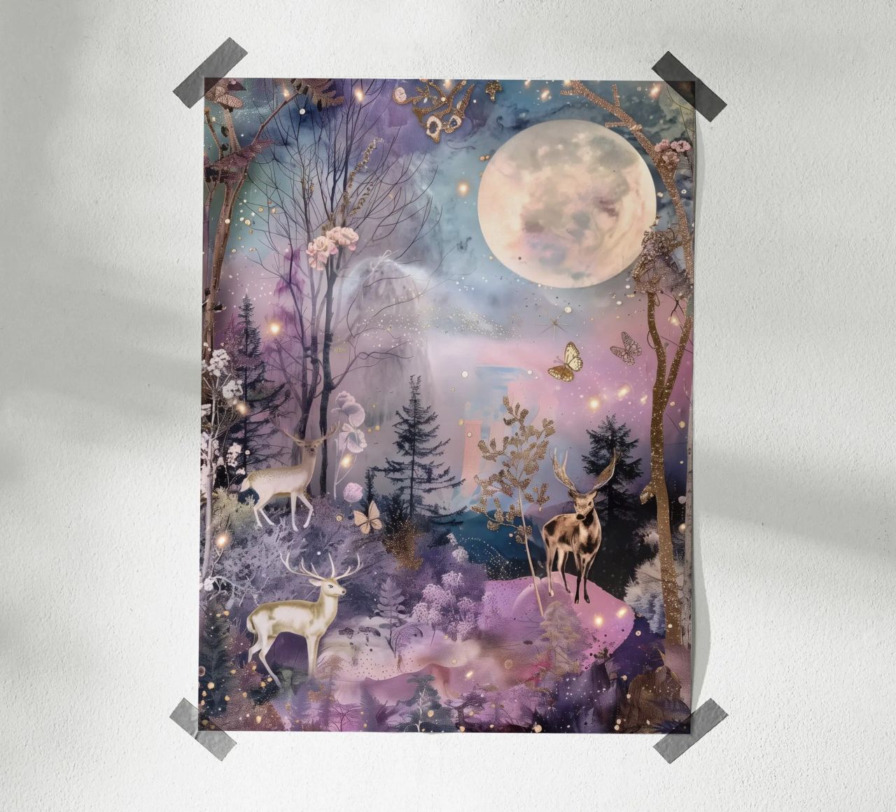 Forêt de la pleine lune Mignons chevreuils Noël fantaisiste Hiver poster de Gentle Echoes Art