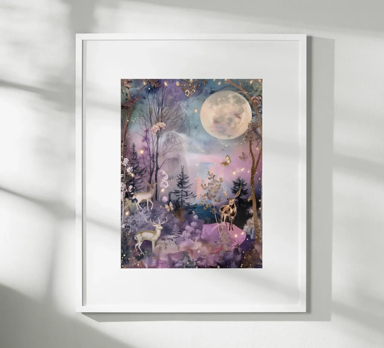 Luna piena Foresta Carino Cervi Capriccioso Natale Inverno poster con telaio in alluminio da Gentle Echoes Art