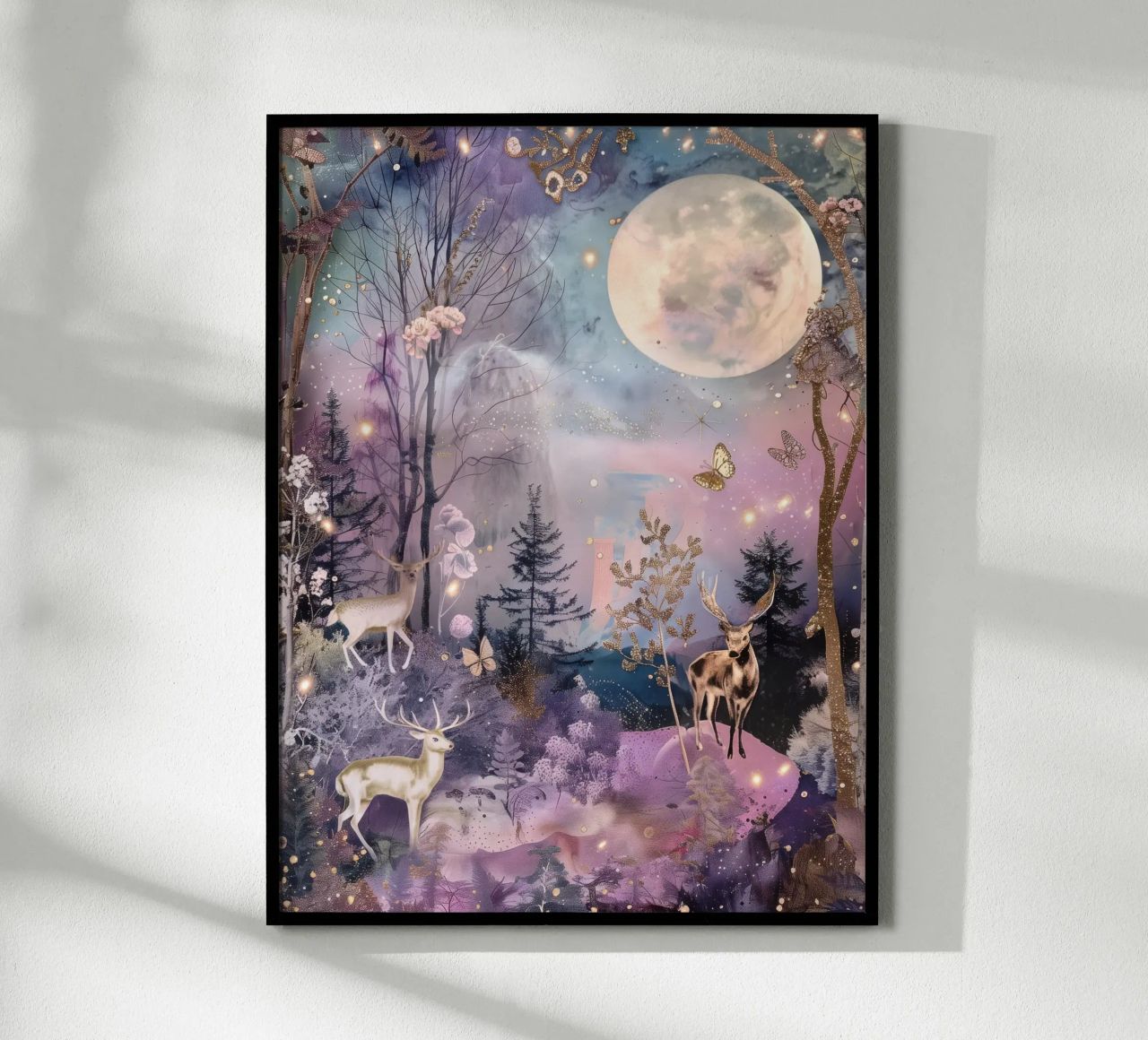 Forêt de la pleine lune Mignons chevreuils Noël fantaisiste Hiver poster de Gentle Echoes Art