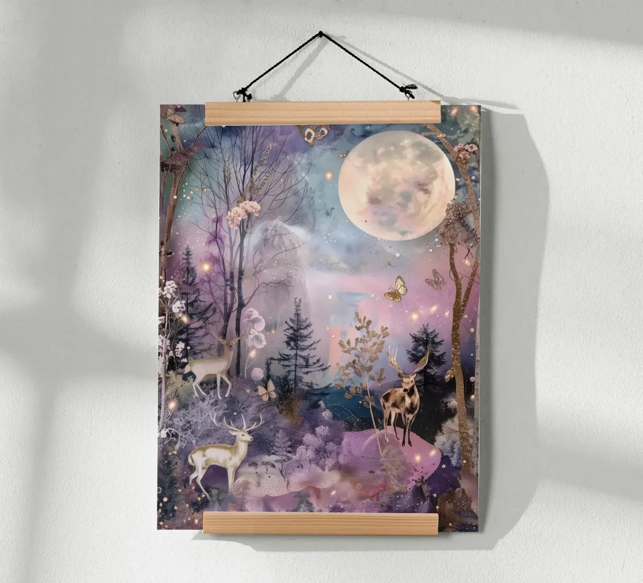 Luna piena Foresta Carino Cervi Capriccioso Natale Inverno poster con telaio in alluminio da Gentle Echoes Art