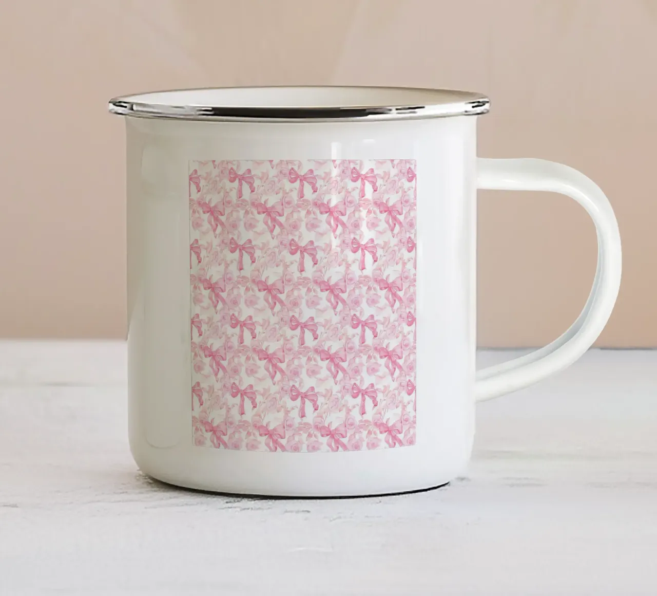 Vintage french pink bows roses coquette aesthetic romantic enamel mug by Gentle Echoes Art